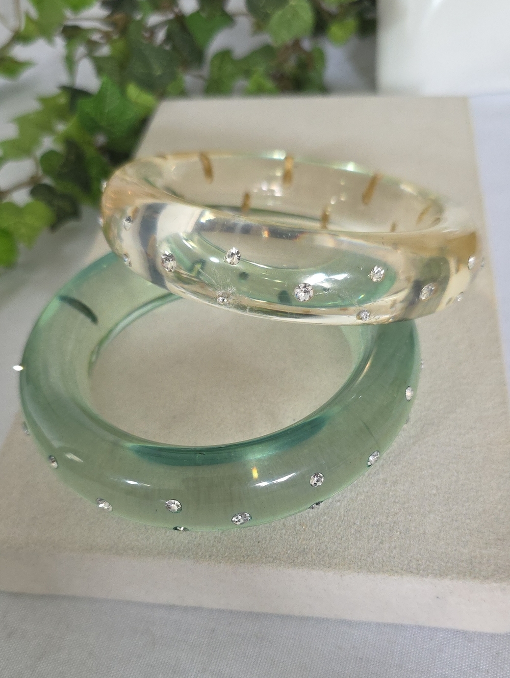 Y2K Chunky Acrylic Rhinestone Bangle Bracelets Set of 2 Clear Yellow & Green
